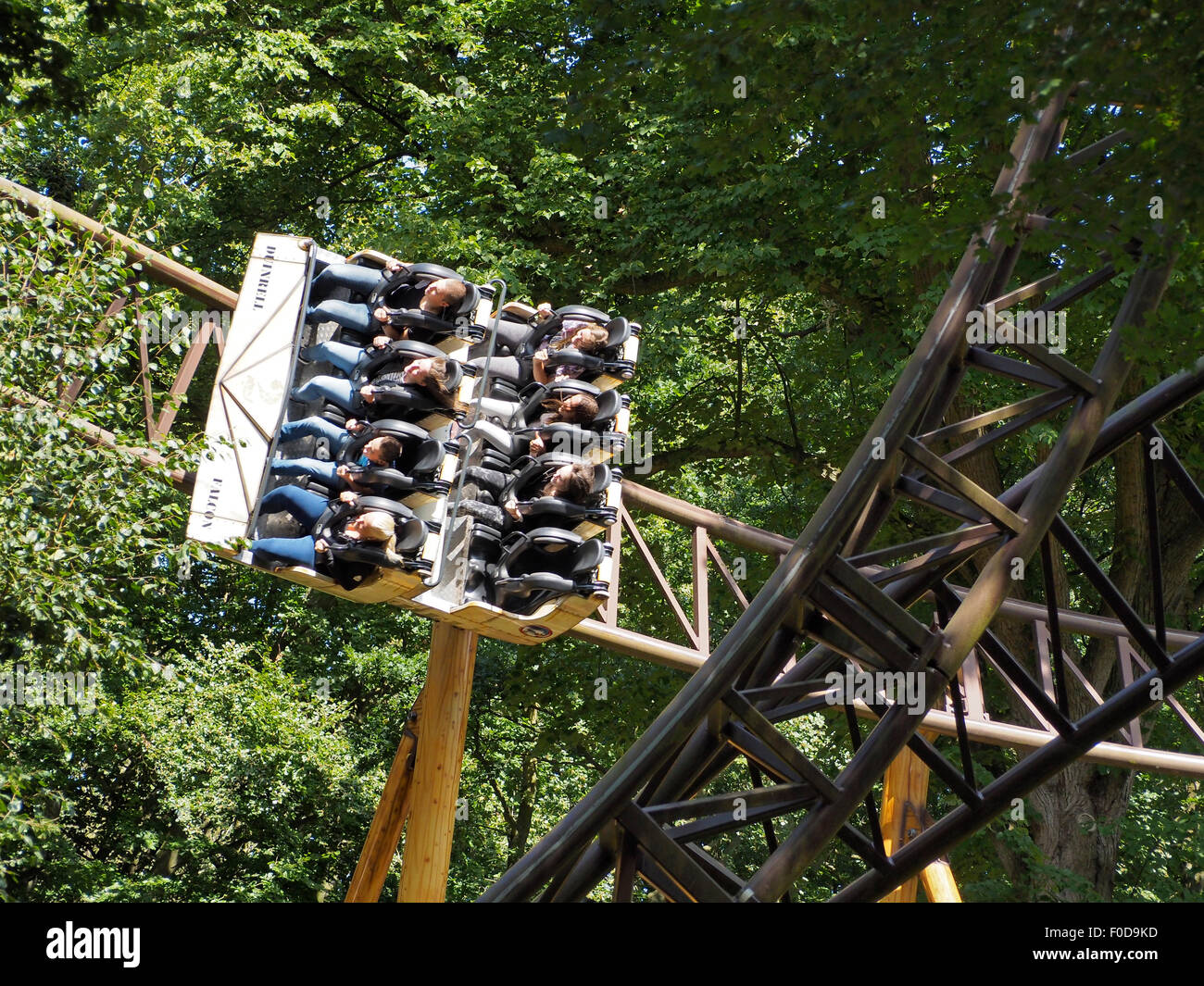 La gente di equitazione Falcon rollercoaster in Duinrell Amusement Park, Wassenaar, Paesi Bassi Foto Stock