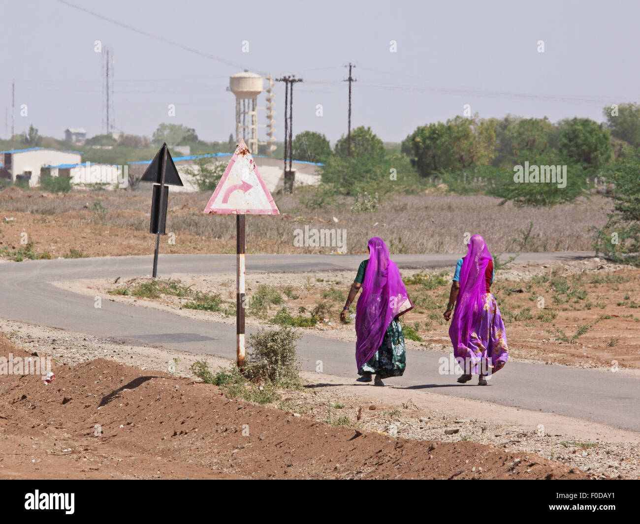 Le donne in tipicamente colorati abiti di Rajasthani a piedi lungo una strada di campagna vicino a pali in western stato indiano Foto Stock