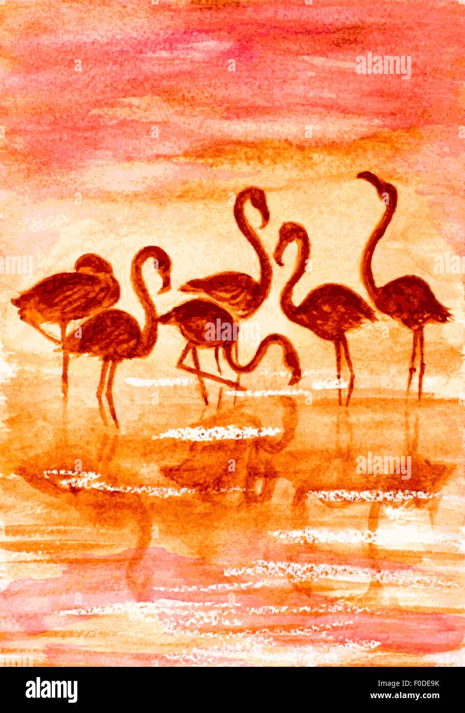 Flamingo in sunset, acquerello illustrazione vettoriale Illustrazione Vettoriale