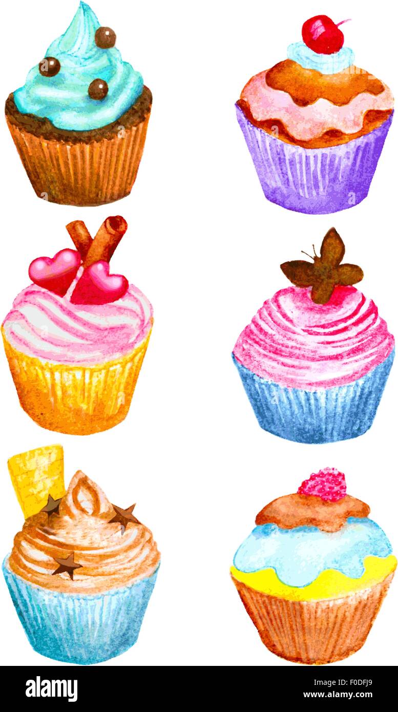 Set di tortini fatti in acquerello. illustrazione vettoriale. crema con farfalle, cioccolato, ciliegia, cuori, stelle, biscotti Illustrazione Vettoriale