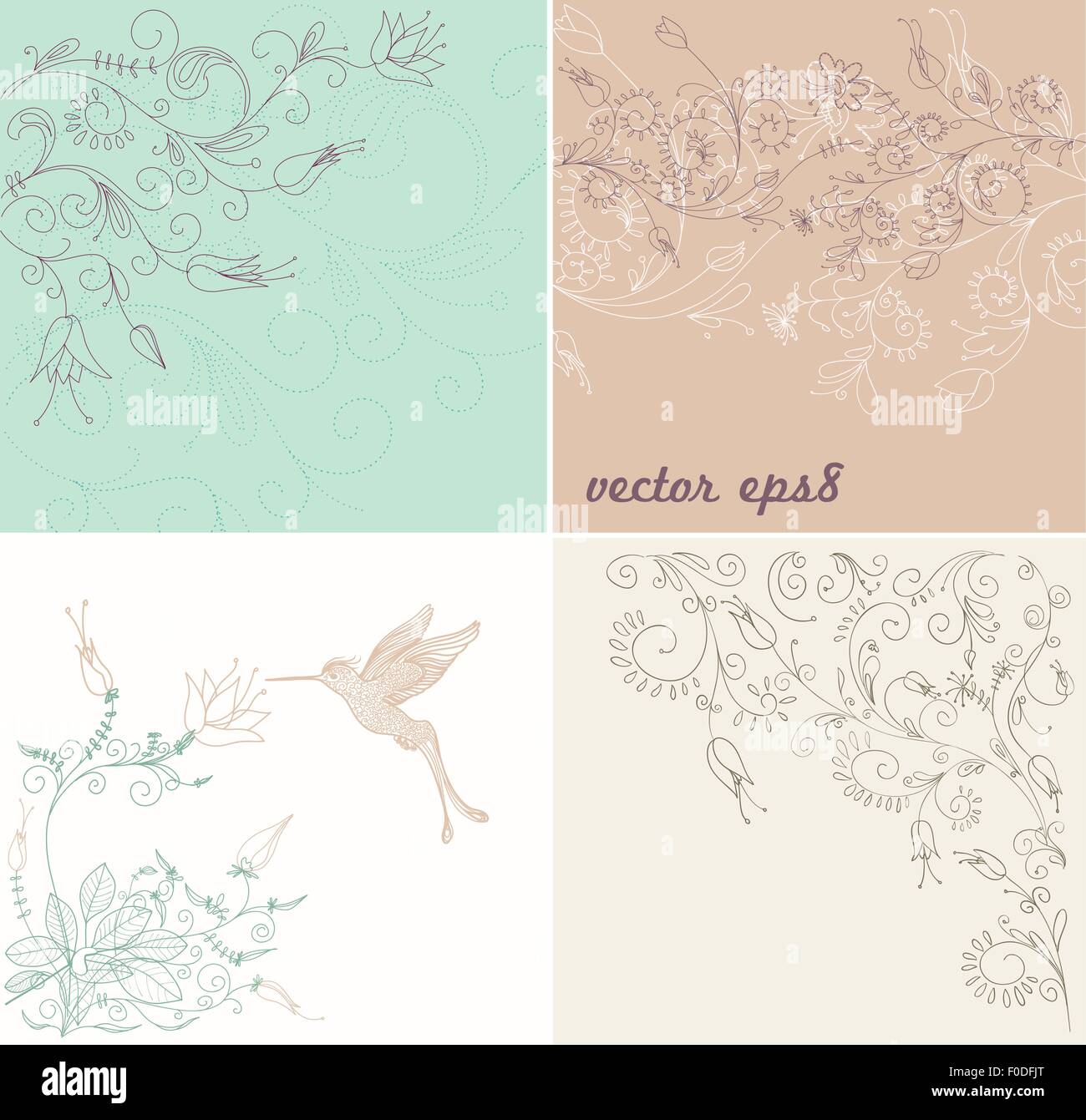 Set di sfondo astratto con ornamenti floreali, linea di stile arte, hummingbird. illustrazione vettoriale Illustrazione Vettoriale