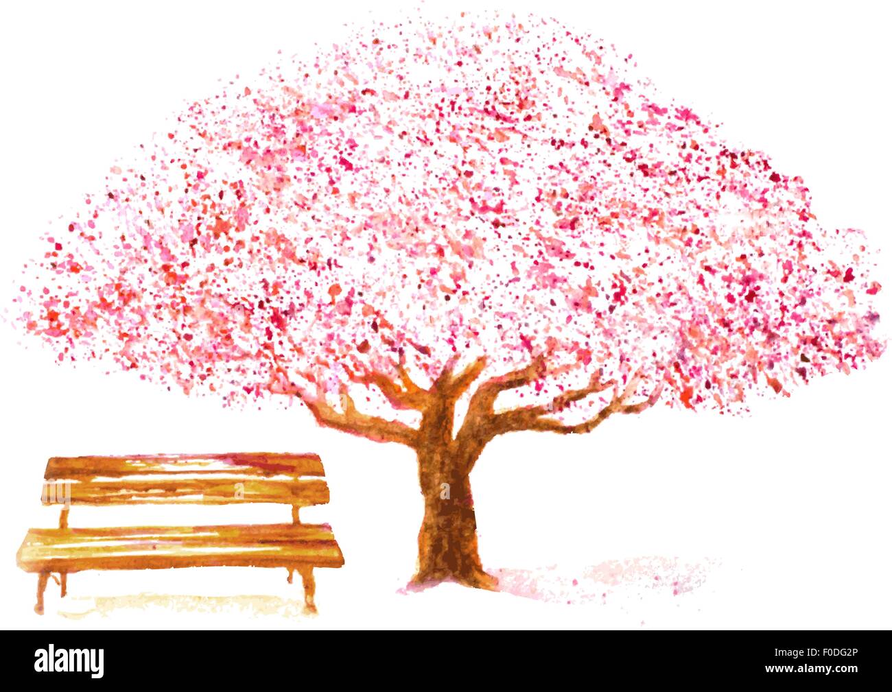 Acquerello disegnata a mano albero ciliegio e panca su bianco Illustrazione Vettoriale