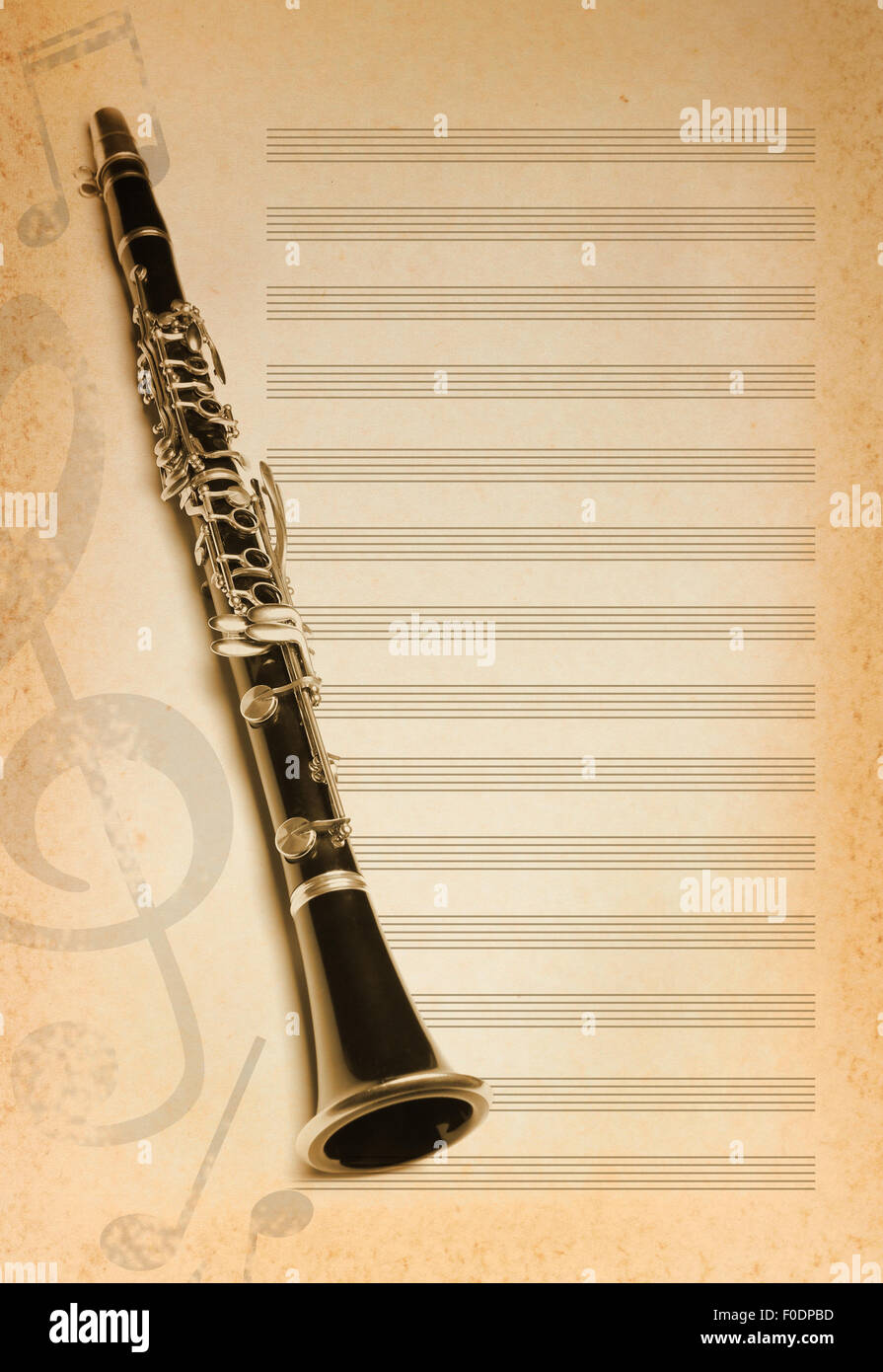 Sottofondo musicale con flauto, chiave e note Foto Stock