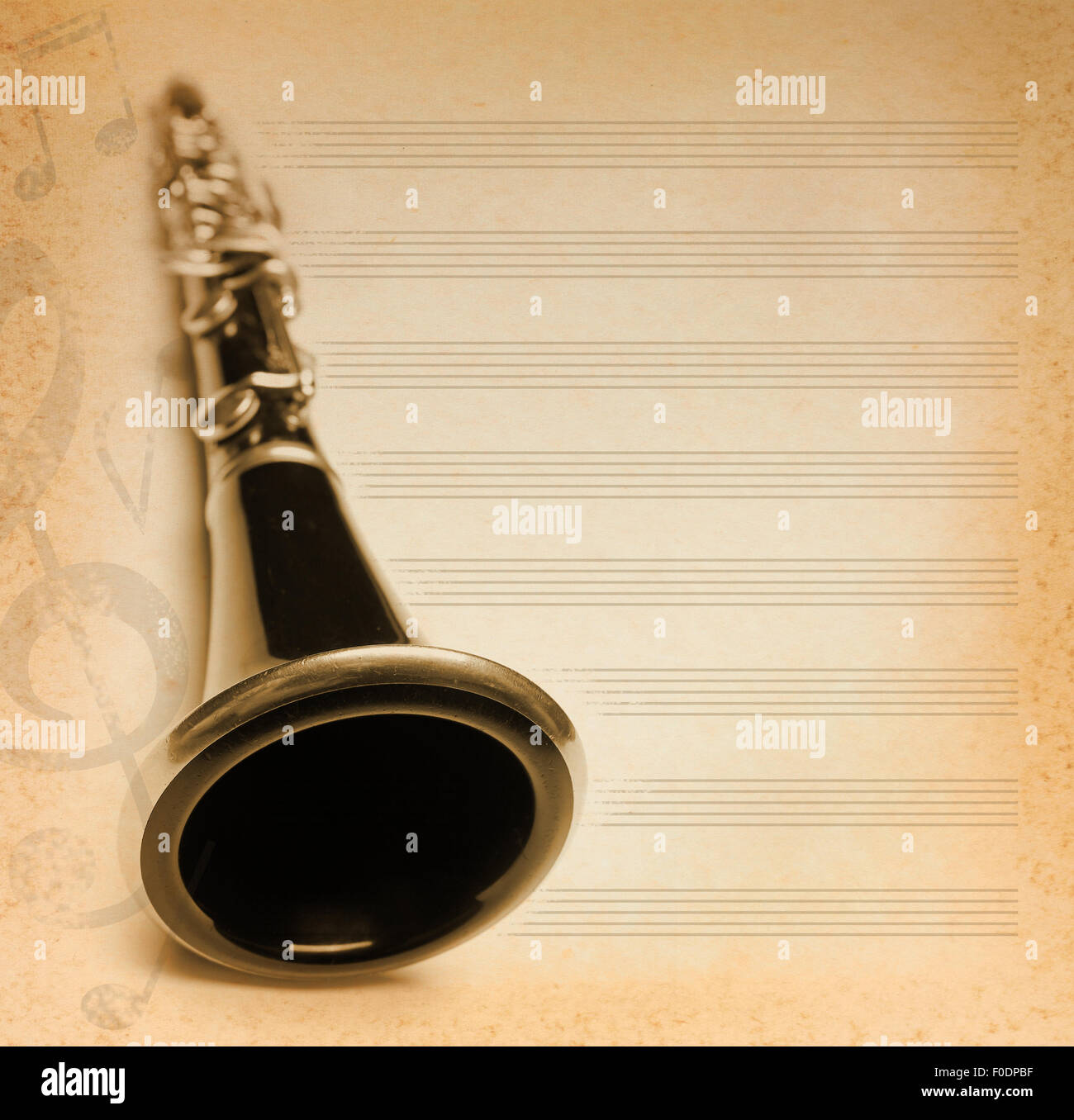 Sottofondo musicale con flauto, chiave e note Foto Stock