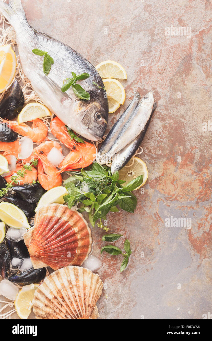 Assortimento di frutti di mare. Varietà di pesce crudo su ghiaccio tritato e rete da pesca, vista dall'alto Foto Stock