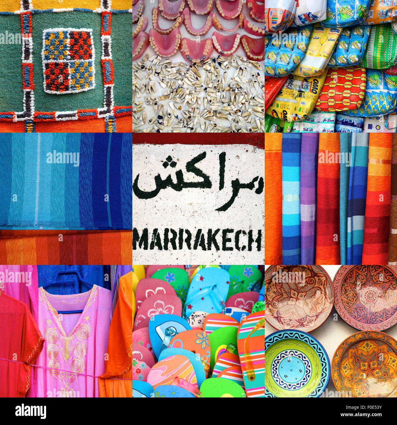 Composizione di 9 immagini in un formato quadrato compreso close-up di prodotti trovati nella vecchia medina o souk di Marrakech Foto Stock