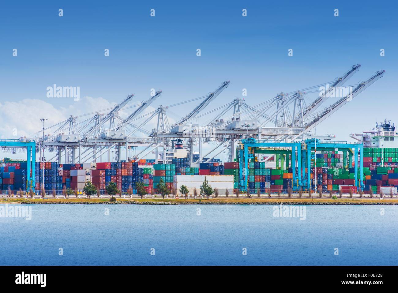 Porto di carico con per impieghi pesanti ascensori e ai contenitori di carico. Il trasporto via mare del tema. Foto Stock