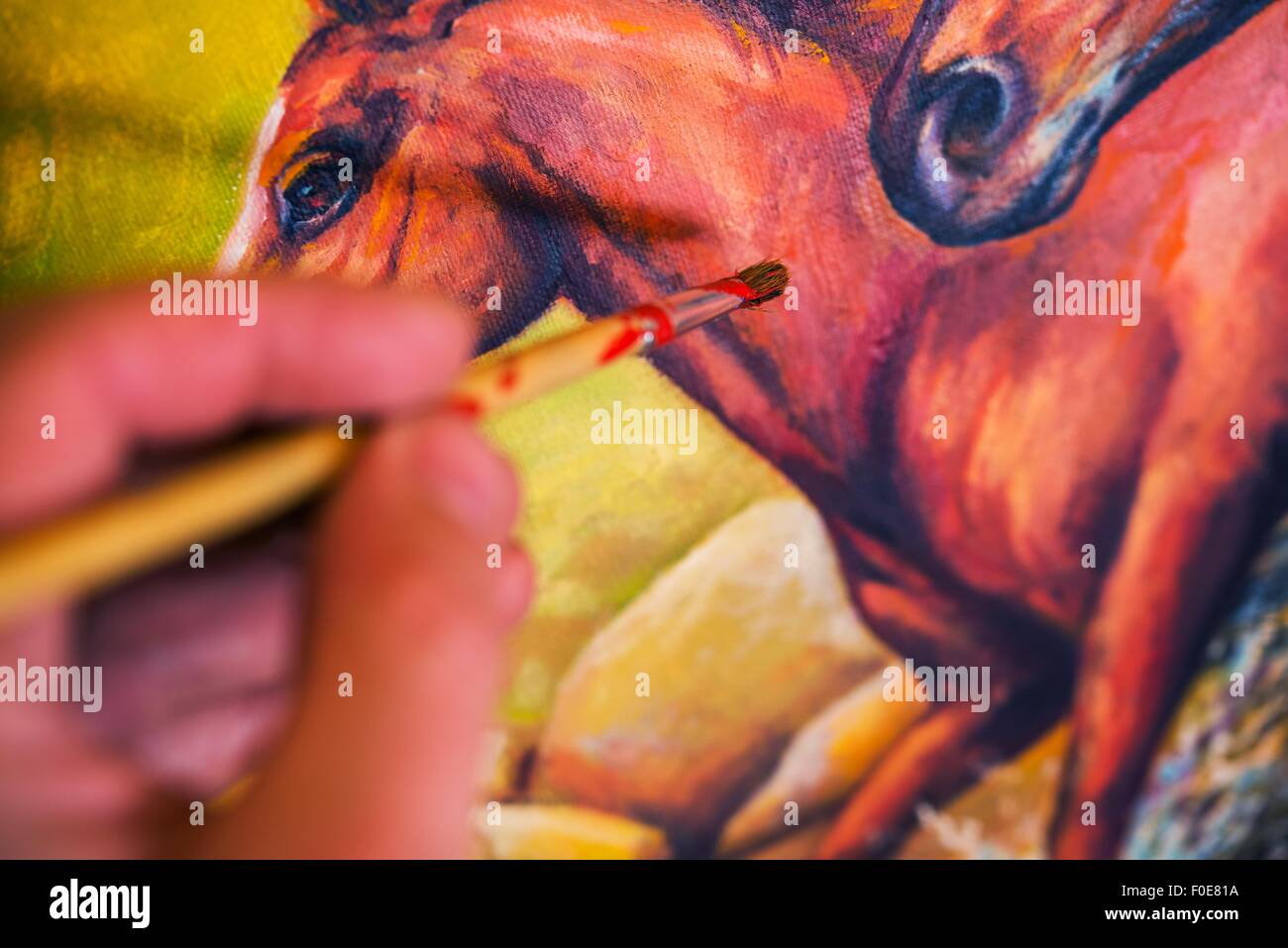 Dipinto su tela. Cavalli la pittura ad olio Closeup Photo. Foto Stock