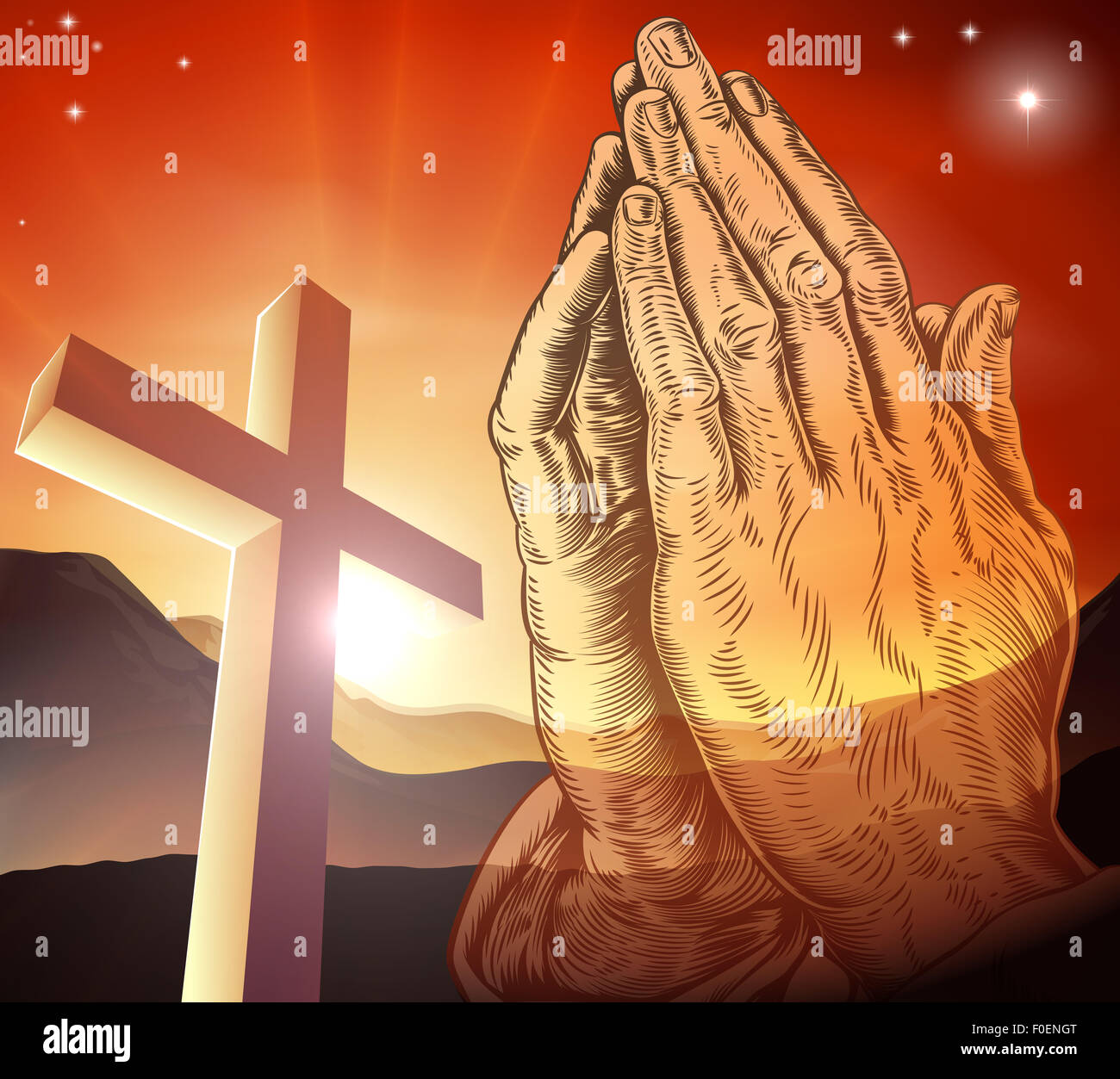 Una croce cristiana e pregando le mani Foto Stock