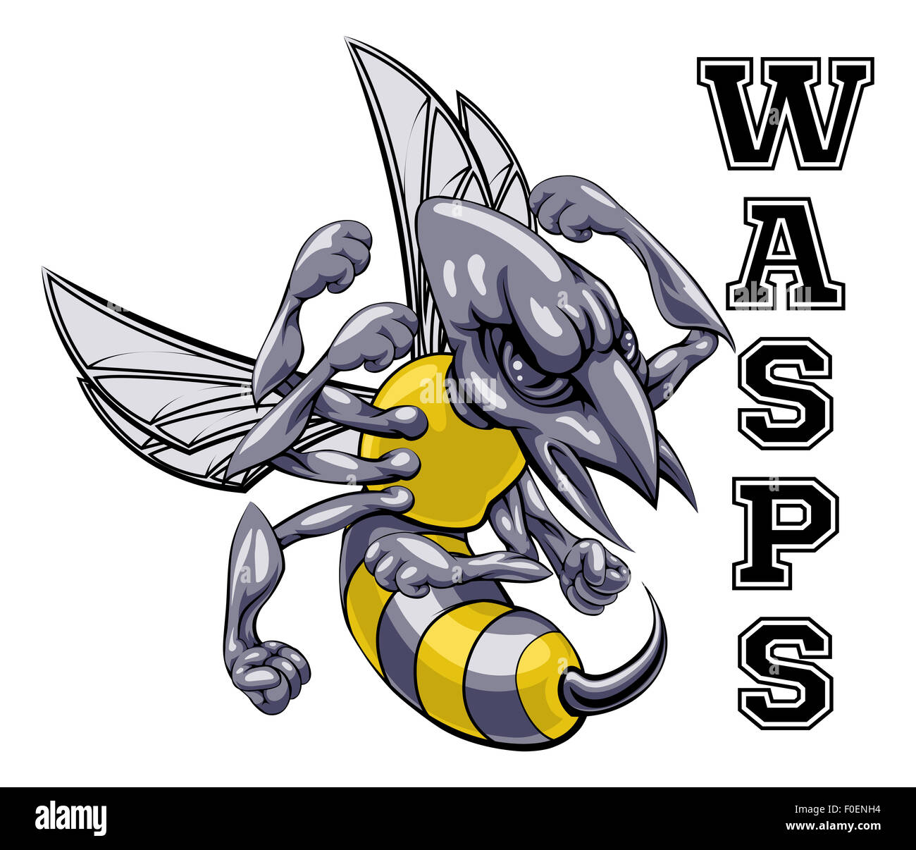 Una illustrazione di un cartoon wasp sport di squadra mascotte con il testo vespe Foto Stock