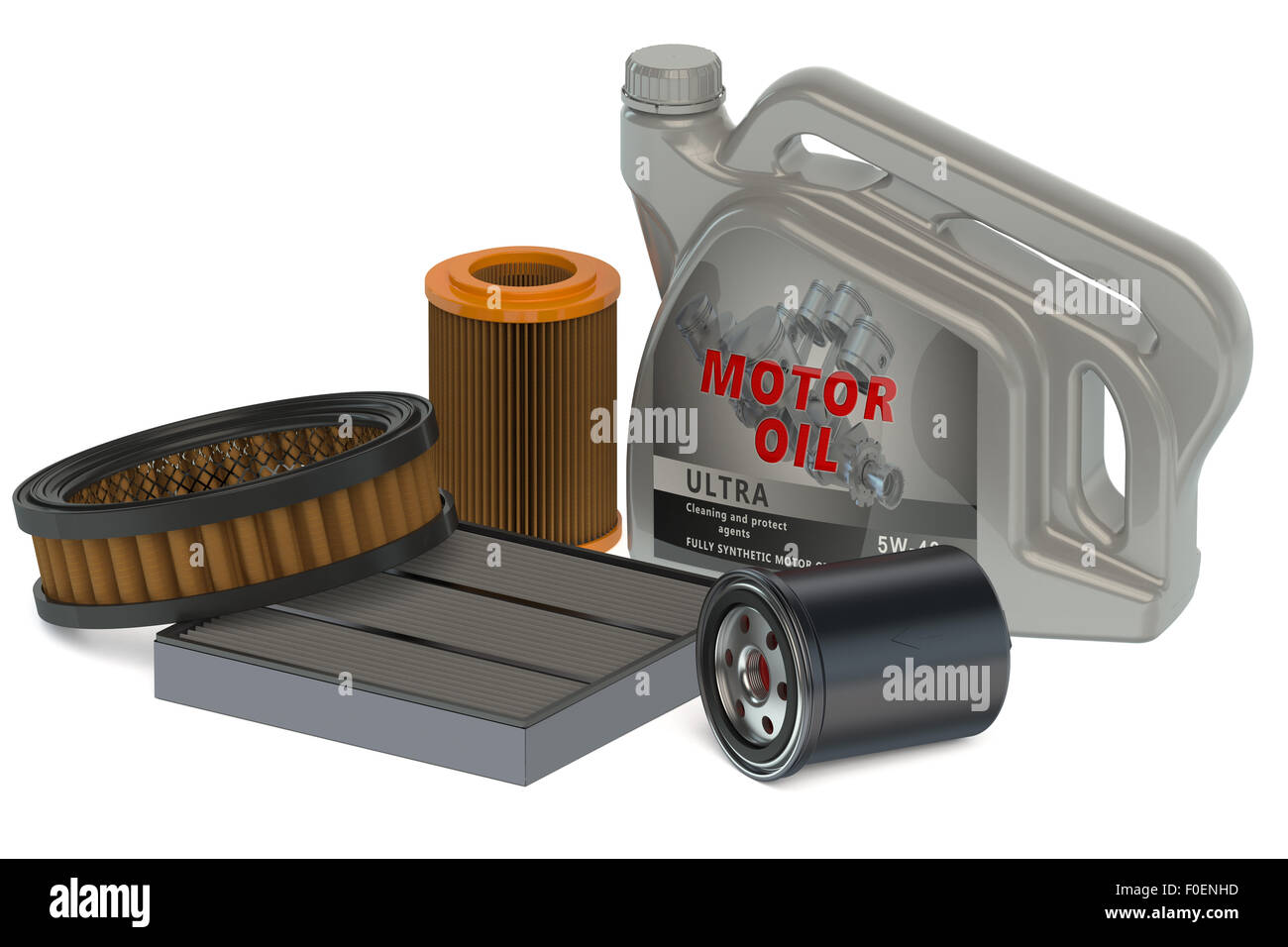 Auto filtri olio e olio del motore può essere isolato su sfondo bianco Foto Stock