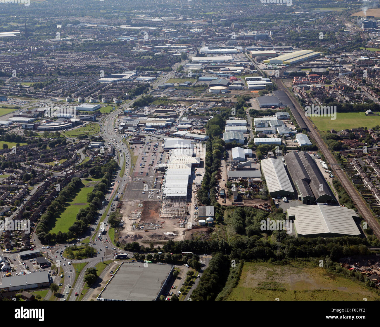 Vista aerea di Alban Retail Park, Warrington, Cheshire, Regno Unito Foto Stock Vista aerea di Alban Retail Park, Warrington, Cheshire, Regno Unito Foto Stock