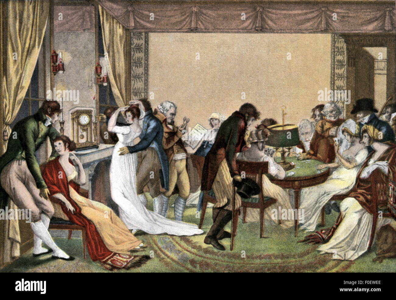 Feste, balli e feste, 'la BOUILLOTTE', dopo acquerello di Jean Francois Bosio (1764 - 1827), 1798, stampa a colori, diritti aggiuntivi-clearences-non disponibile Foto Stock