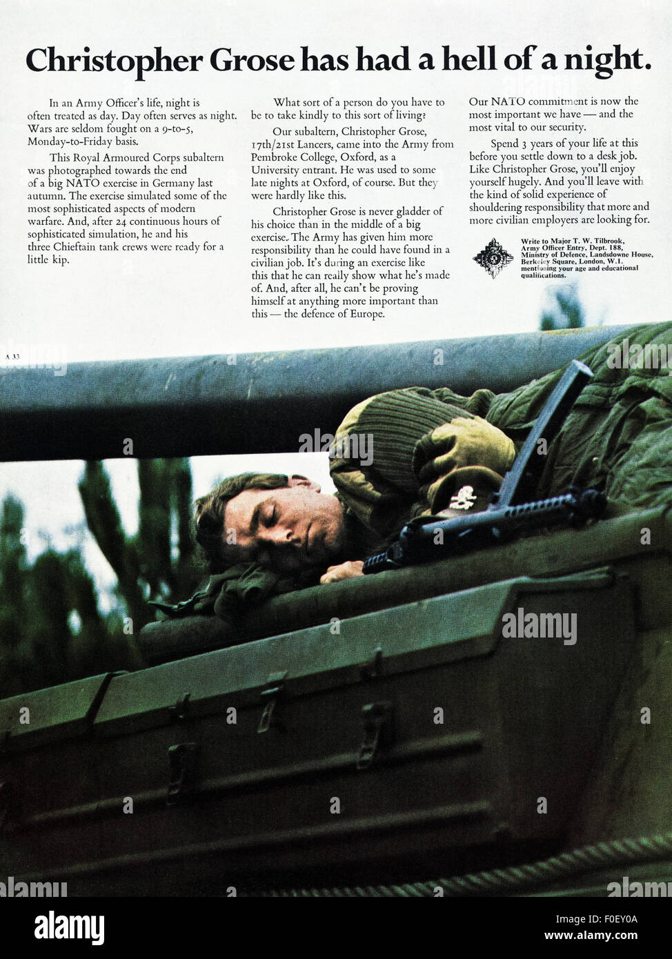 Anni sessanta annuncio. Annuncio rivista datata 1968 pubblicità ufficiale dell Esercito di assunzioni. Foto Stock