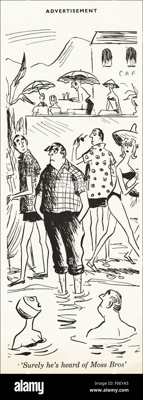 Anni sessanta annuncio. Annuncio rivista datata 1968 pubblicità Moss Bros in formato cartoon. Foto Stock