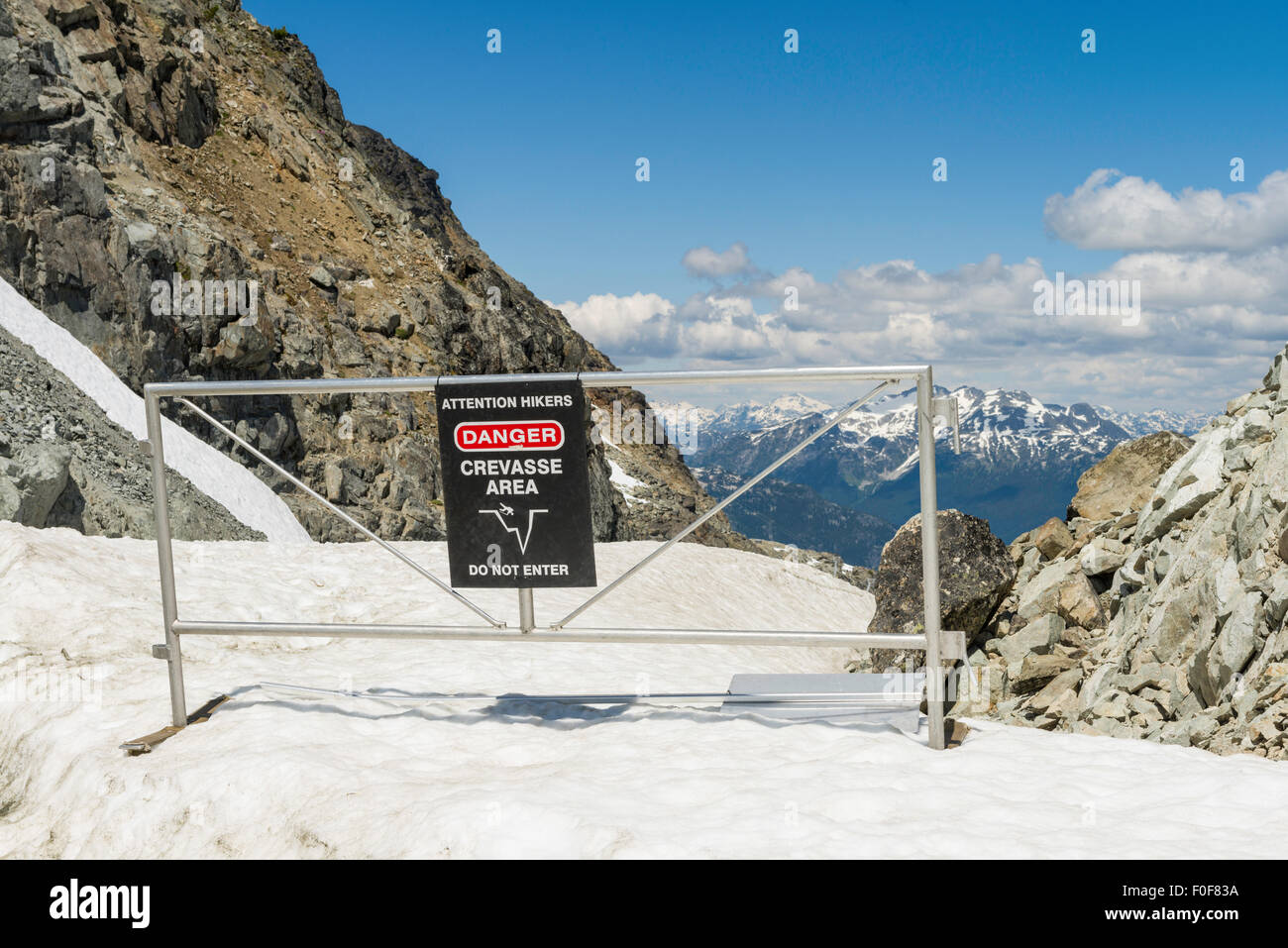 Segno escursionisti di avvertimento per evitare la zona di crepacci su Whistler Mountain Whistler, BC, Canada Foto Stock