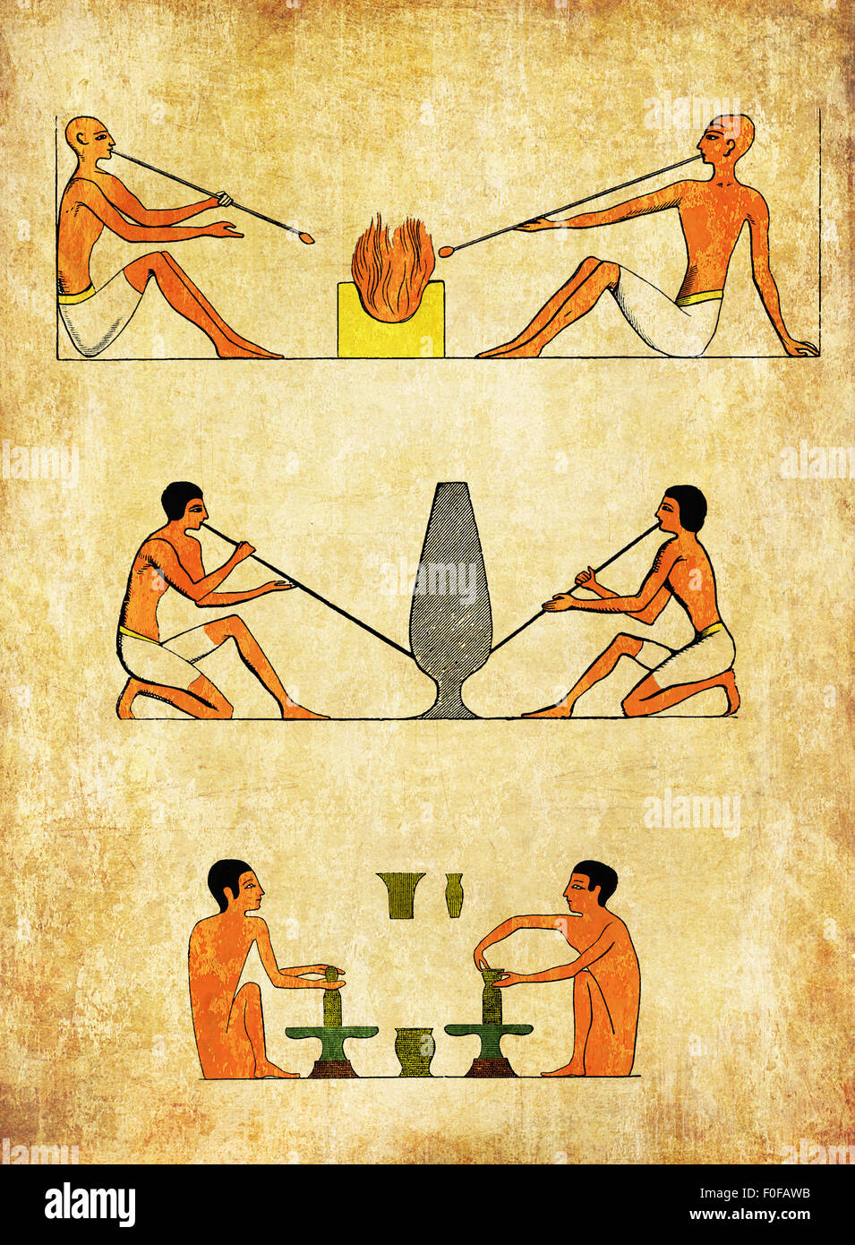 Collage e rielaborazione da incisioni metà '800, in rappresentanza di Antico Egitto costumi, del vetro e della ceramica makers Foto Stock