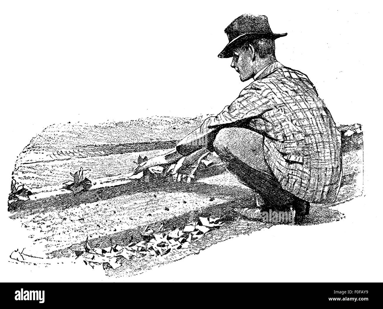 Orticoltura incisione - agricoltore mano la semina di piante in terreno preparato le vie Foto Stock