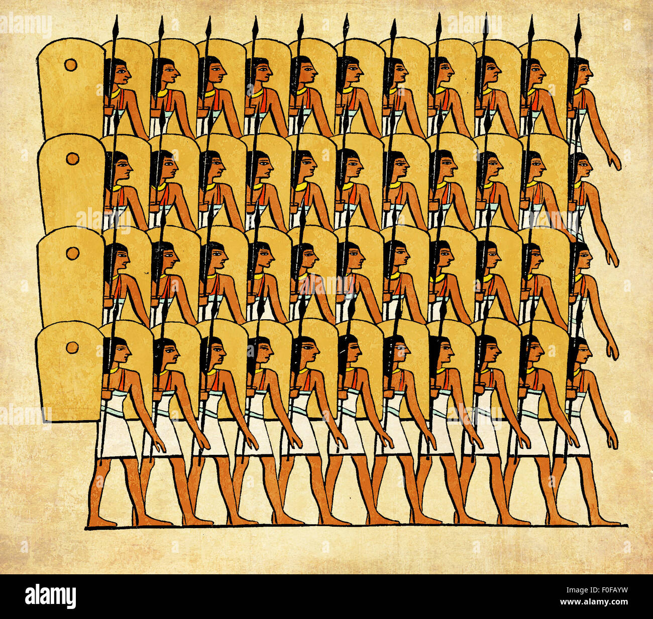 Collage e dipinto di elaborazione da incisioni metà '800, in rappresentanza di Antico Egitto guerrieri andare in battaglia Foto Stock