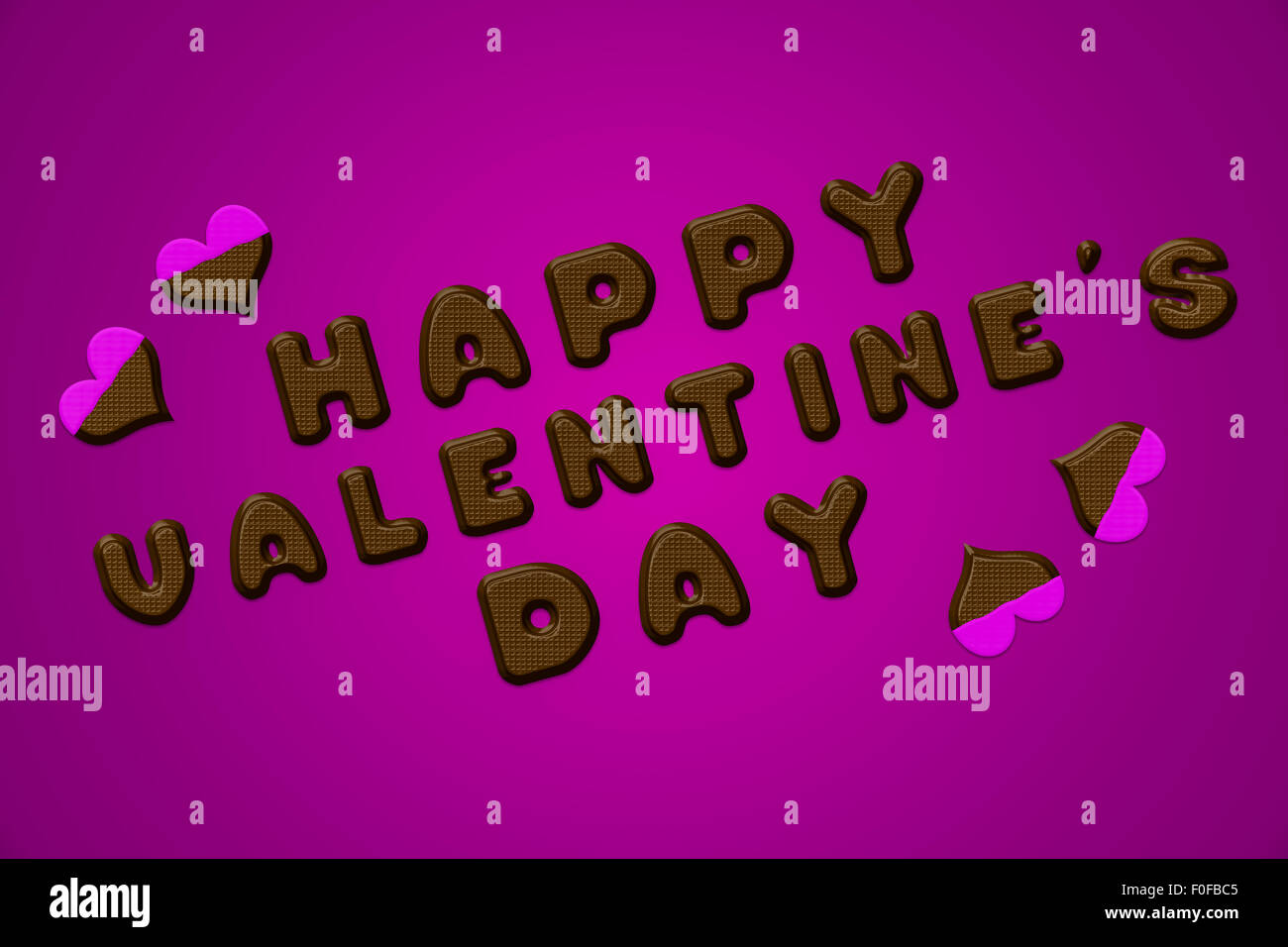 Buon San Valentino testo e cuori in cioccolato per il giorno di San Valentino. Immagine su sfondo viola con glassa di colore rosa. Foto Stock