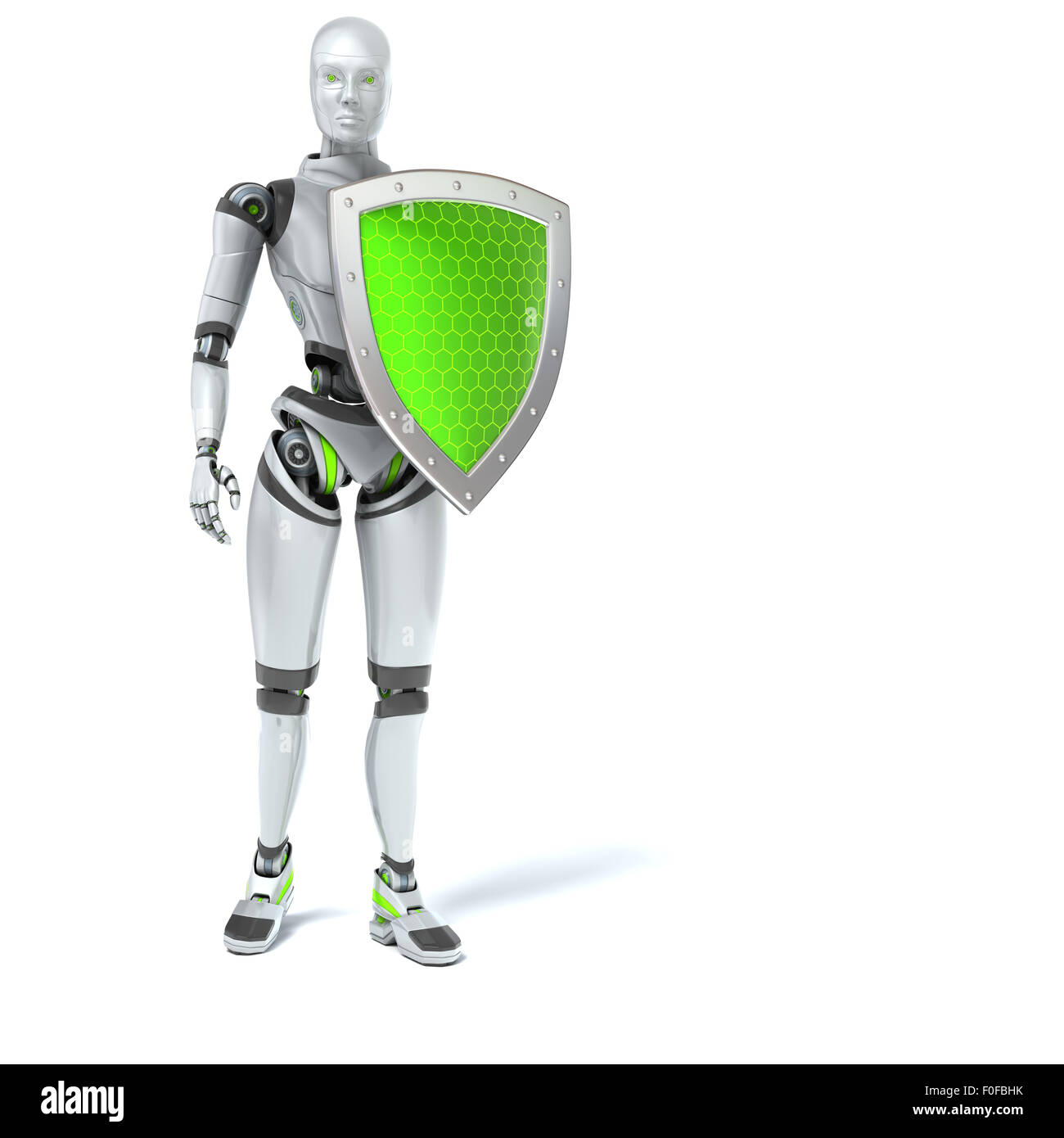 Cyborg tenendo uno scudo. La protezione dei contenuti digitali concept Foto Stock