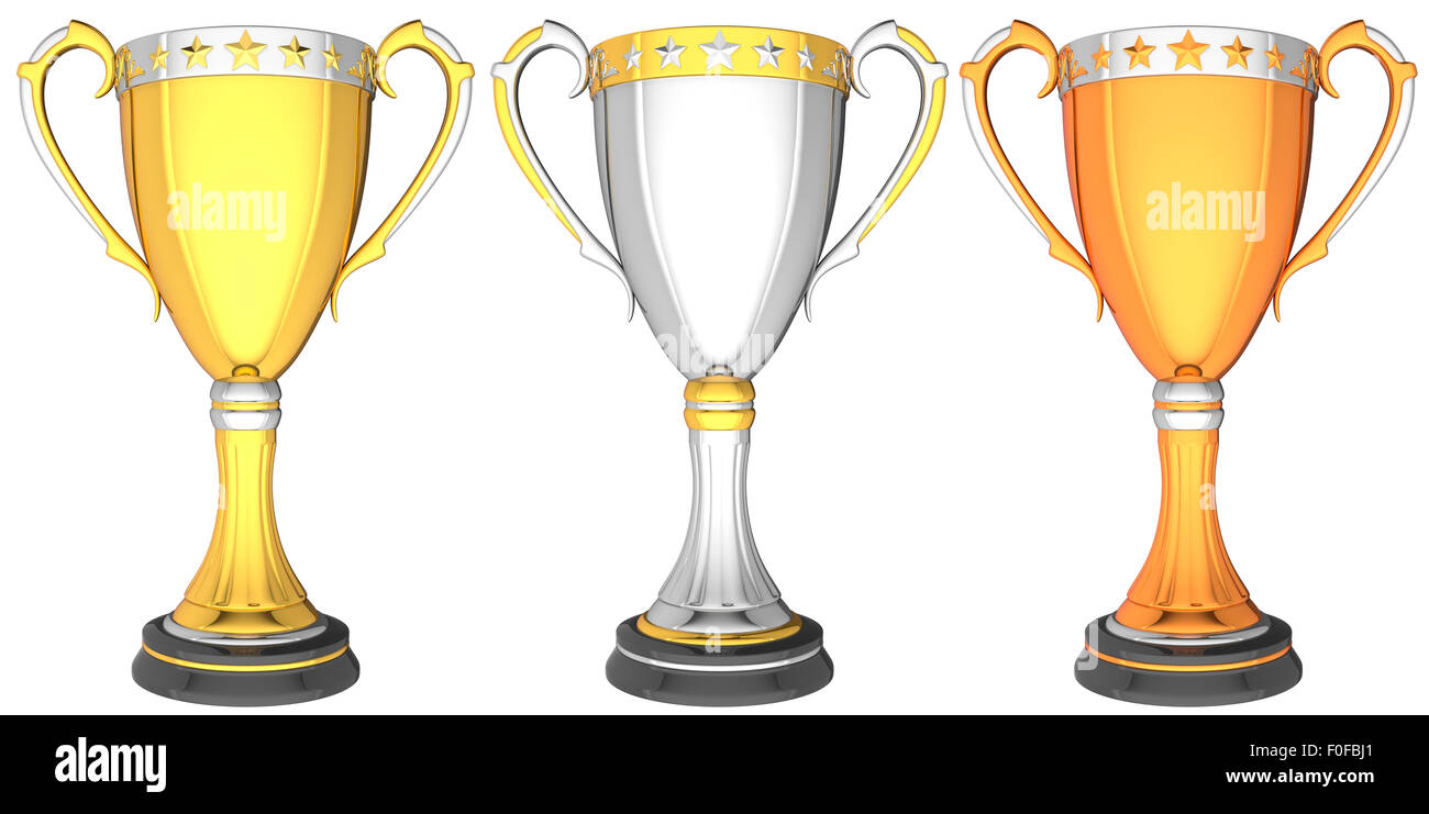 Tre trofei diversi isolati su sfondo bianco Foto Stock