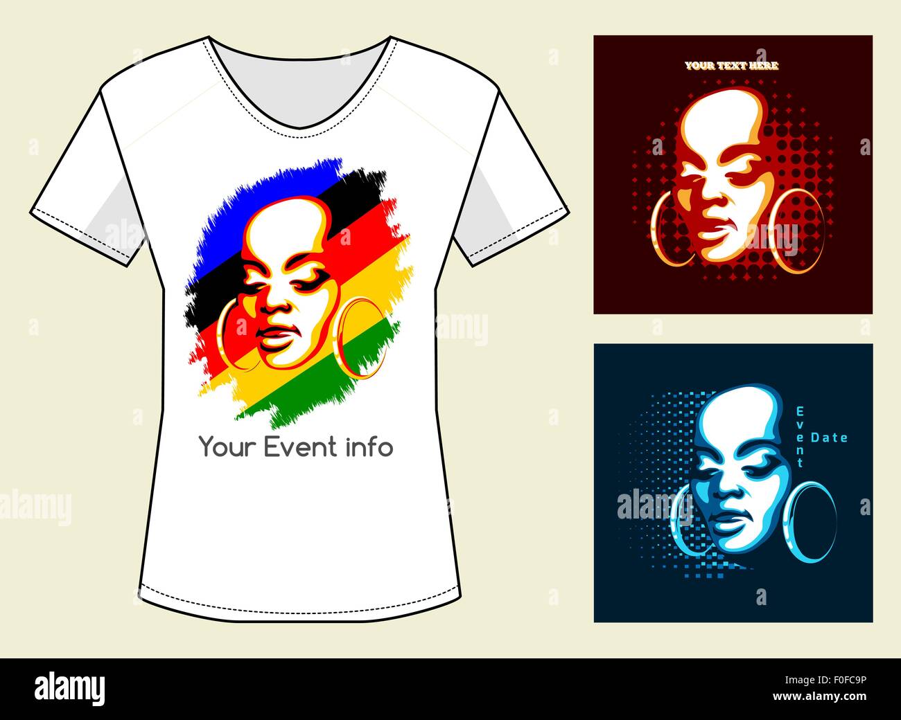 T-Shirt Stampa in tre varianti di colore. Donna africana faccia con i campioni di testo. Gratuito solo font utilizzato. Illustrazione Vettoriale