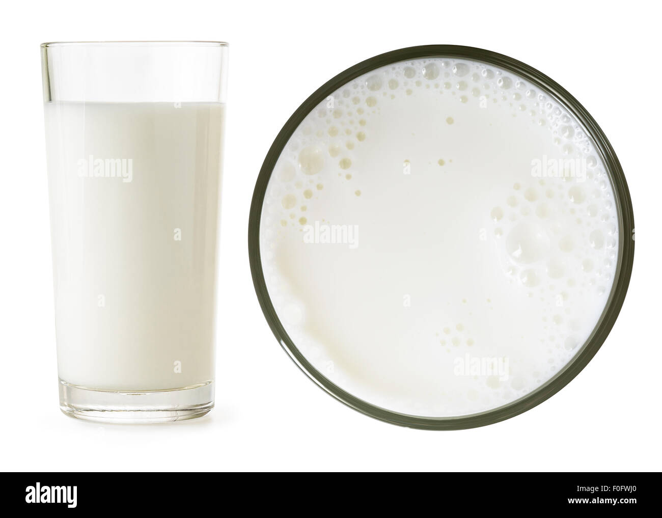 Bicchiere di latte vista laterale e dall'alto Foto Stock