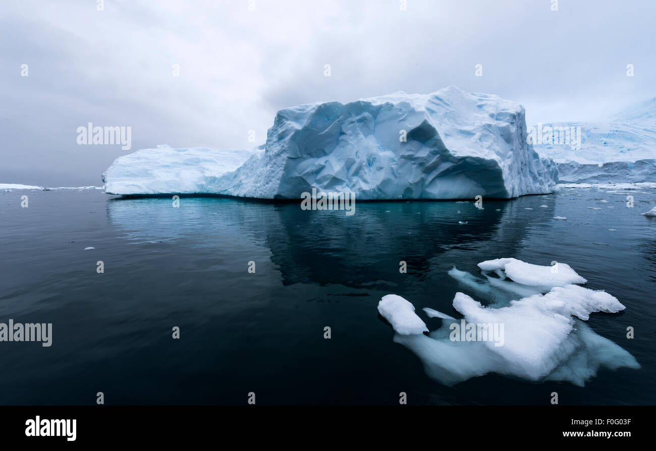 Il grande blu ghiaccio galleggiante con moody sky Neko Harbour Penisola Antartica Antartide Foto Stock