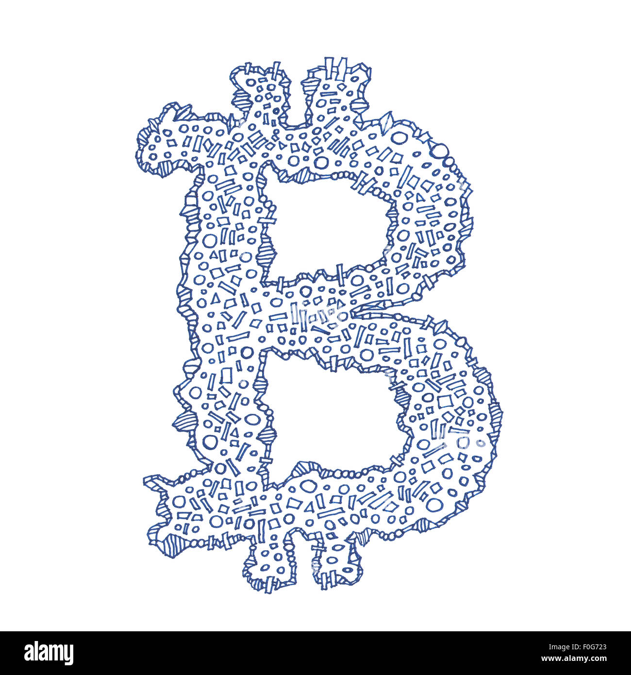 Bitcoin disegnati a mano il simbolo di un decentramento digitale crypto moneta, lettera b su sfondo bianco. Foto Stock