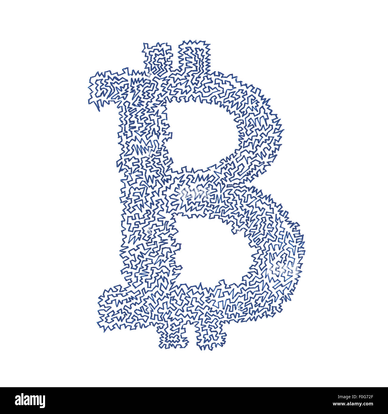 Seghettato Bitcoin disegnati a mano il simbolo di un decentramento digitale crypto moneta, lettera b su sfondo bianco. Foto Stock