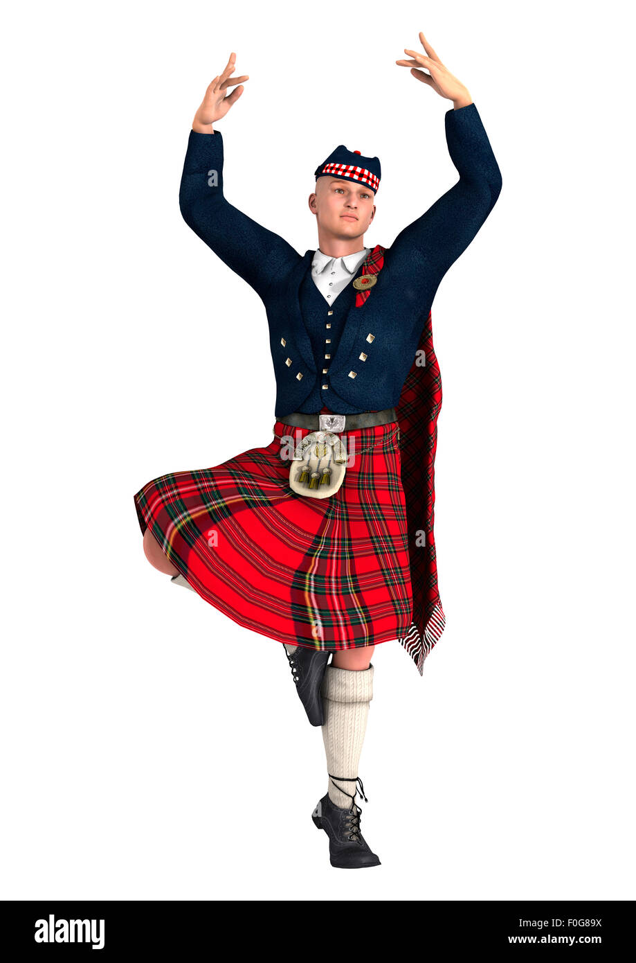 3D render digitale di un highlander indossando un kilt scozzese dancing isolati su sfondo bianco Foto Stock