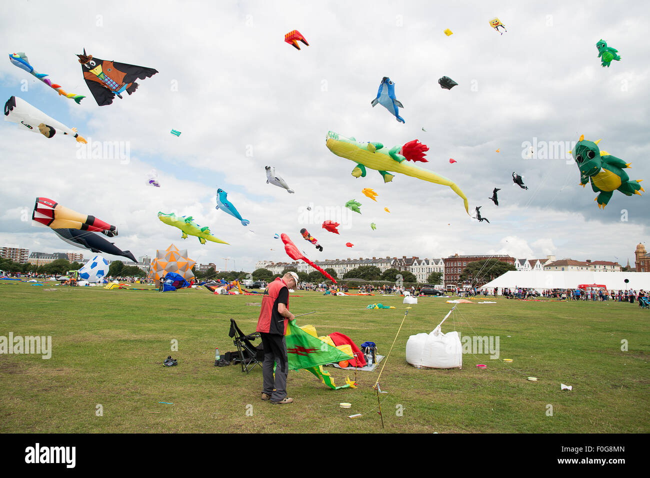 Portsmouth, Regno Unito. Il 15 agosto 2015. Southsea comune e il cielo al di sopra di esso è riempito con aquiloni di tutte le forme e dimensioni presso l'International Kite Festival. Credito: MeonStock/Alamy Live News Foto Stock
