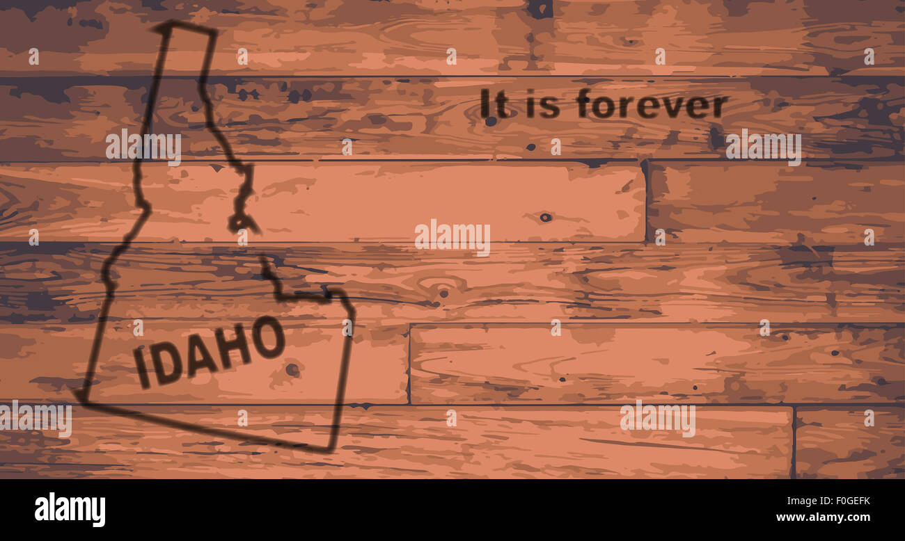 Stato di Idaho mappa marca su tavole di legno con contorno della mappa e il motto dello stato Foto Stock