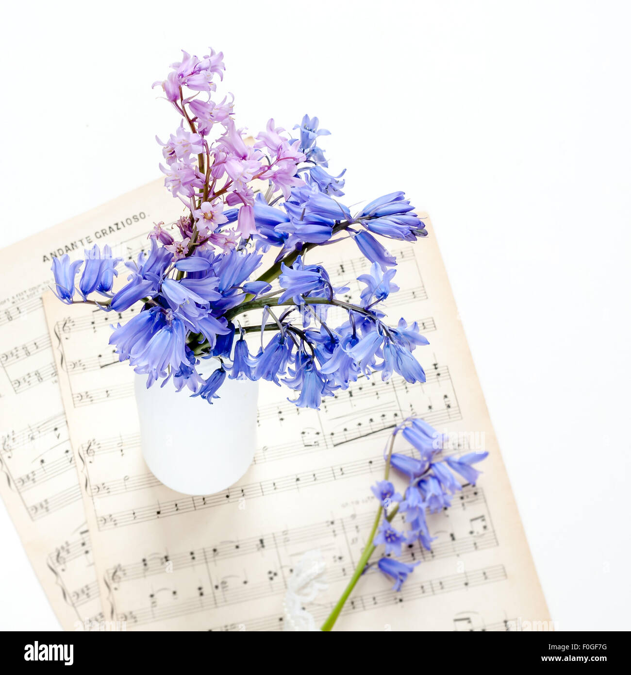Bluebells in bottiglia bianca su vintage carta da musica Foto Stock
