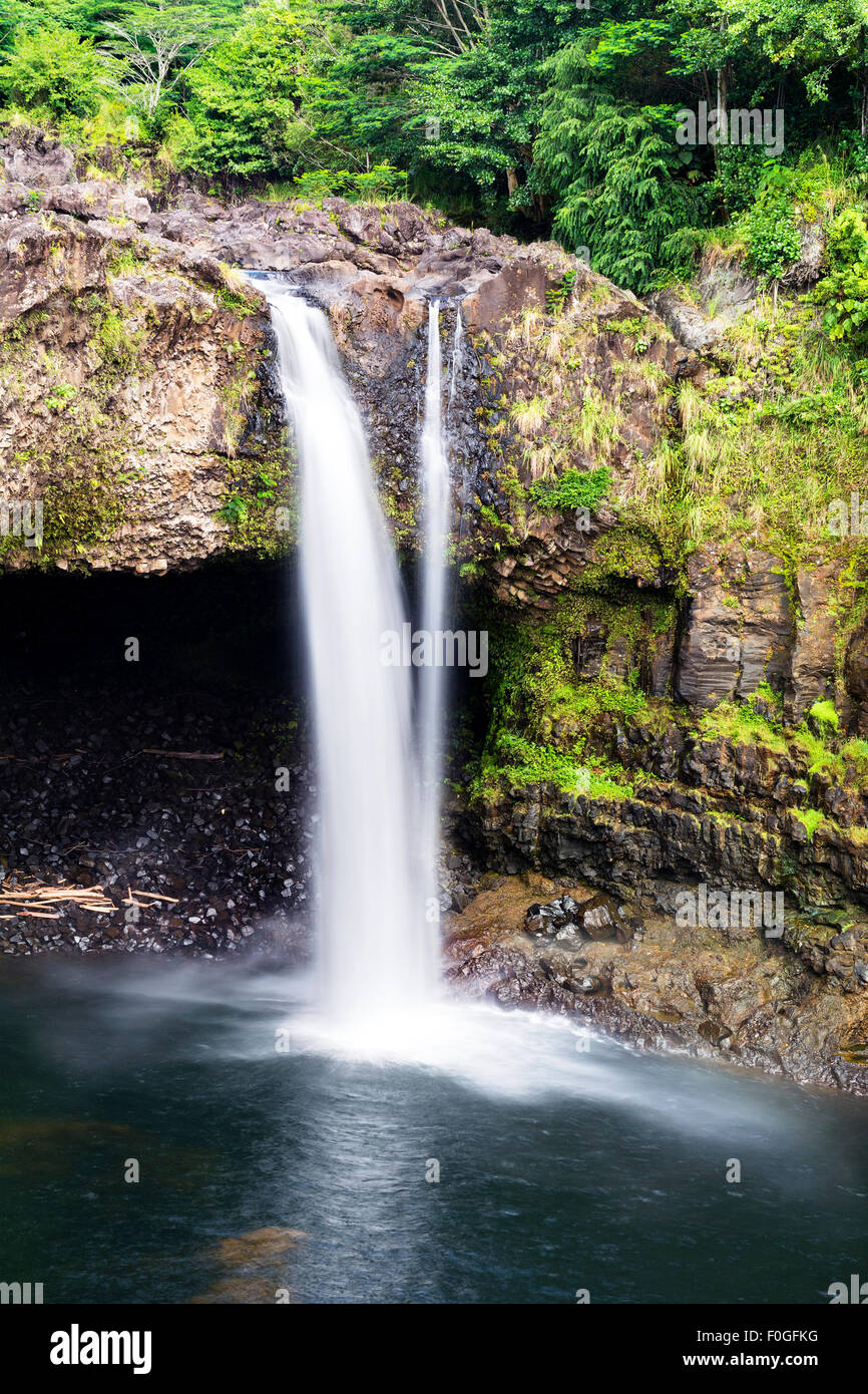 Circondato da lussureggiante vegetazione, una piccola cascata in Hilo Hawaii forme cascading fluisce in una piscina naturale.R Foto Stock