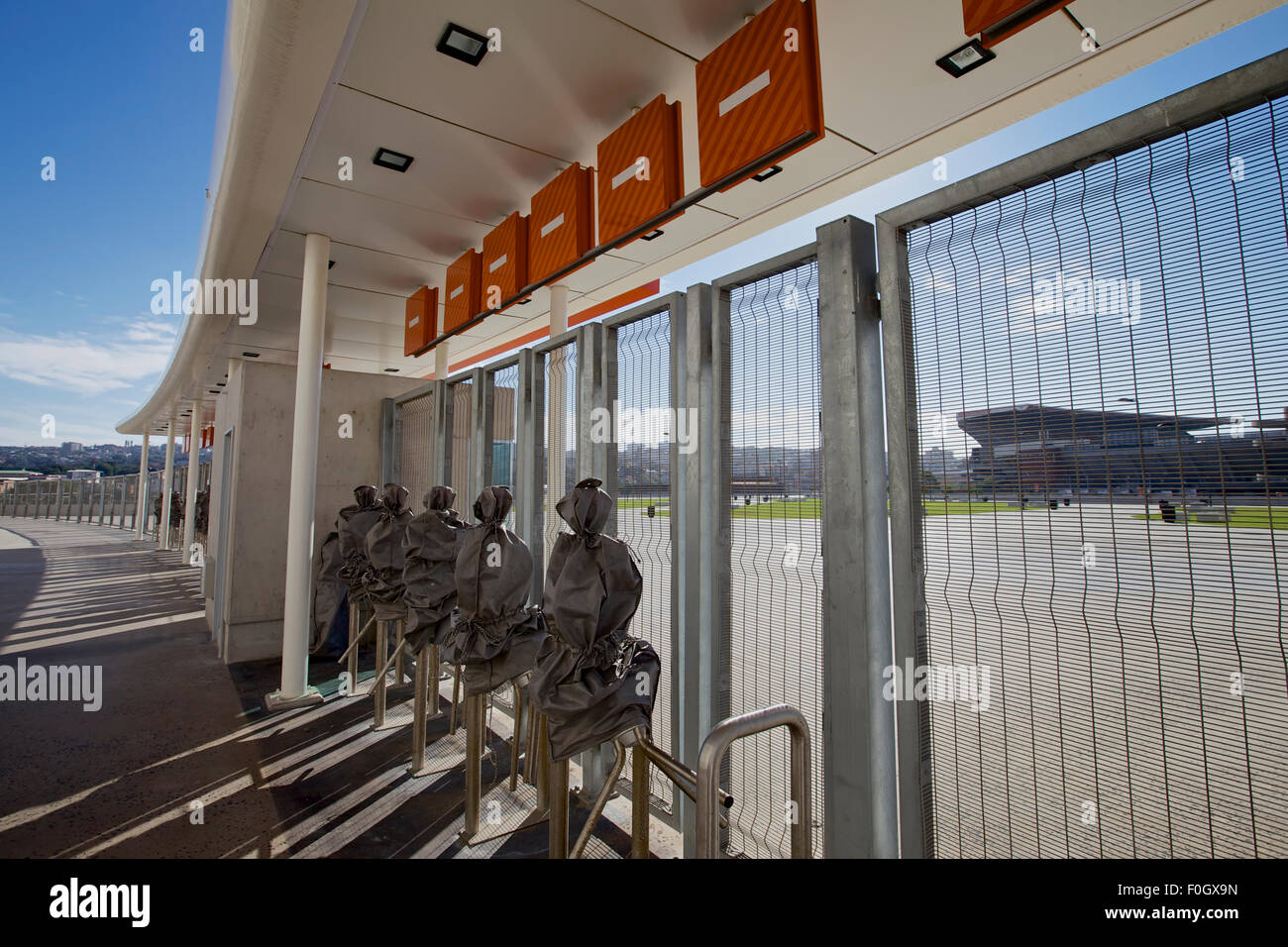 Il tornello di sicurezza in ingresso dello stadio nella città di Durban, Natal, Sud Africa Foto Stock