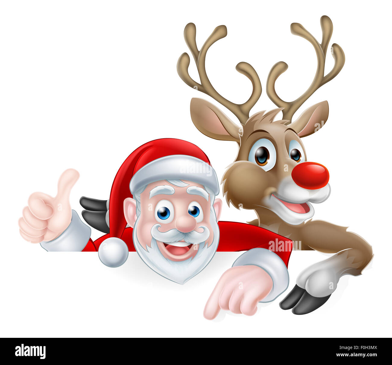 Illustrazione di natale di cartoon Santa e renne peeking al di sopra di segno e di puntamento dando athumbs fino Foto Stock