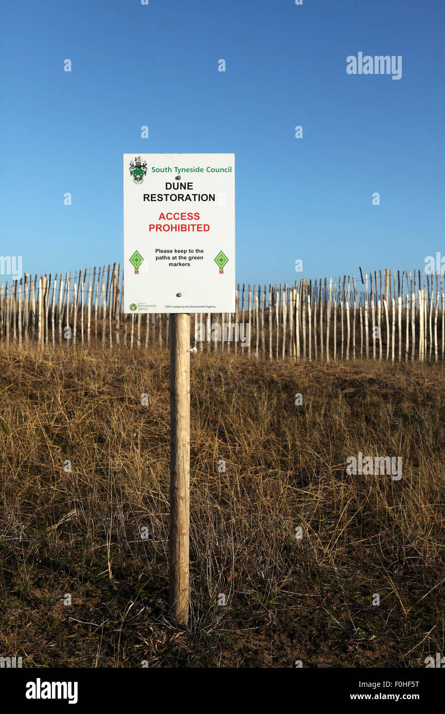 Un segno segna una duna progetto di restauro a South Shields, Inghilterra. Accesso alle dune sono vietate. Foto Stock