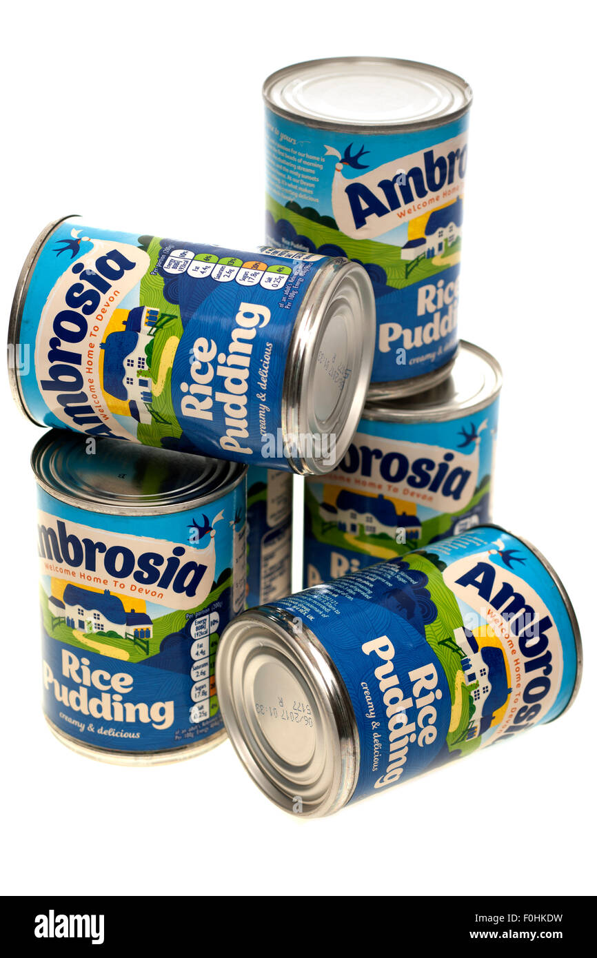 Sei lattine di Ambrosia budino di riso Foto Stock