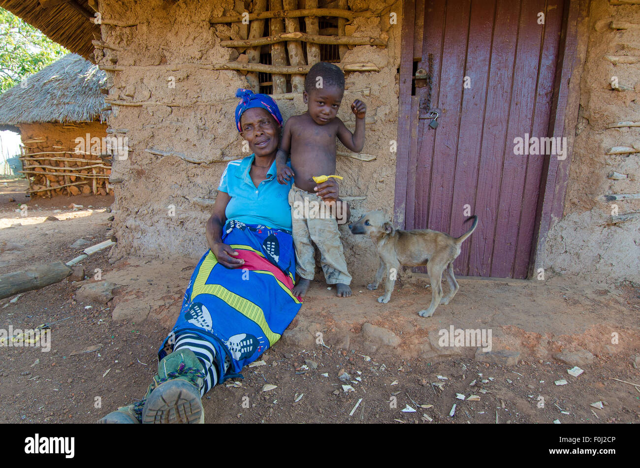 Nel Regno di Swaziland vicino al confine del Mozambico, un bambino gioca con il suo cane e la nonna. Foto Stock