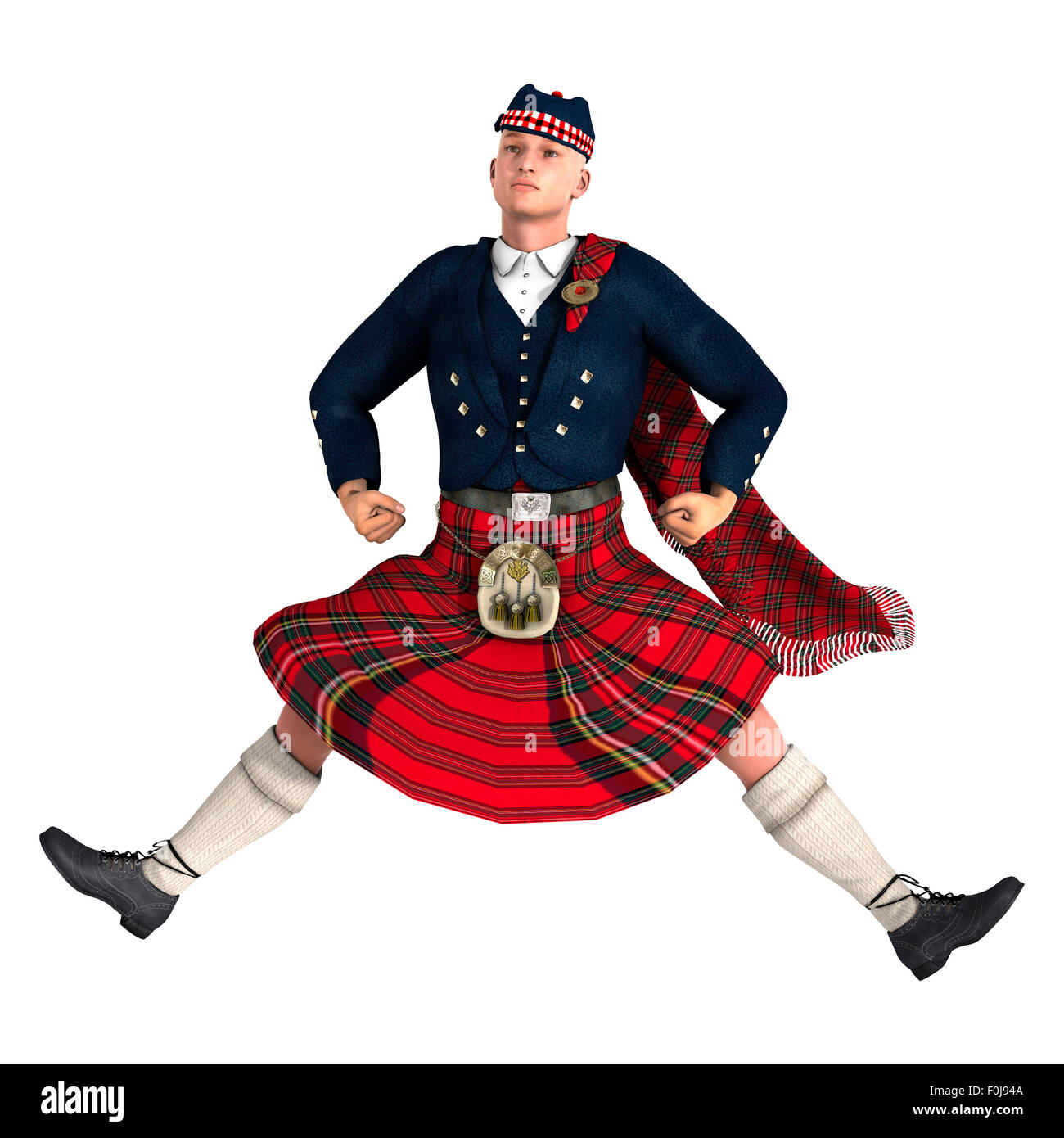 3D render digitale di un highlander indossando un kilt scozzese dancing isolati su sfondo bianco Foto Stock