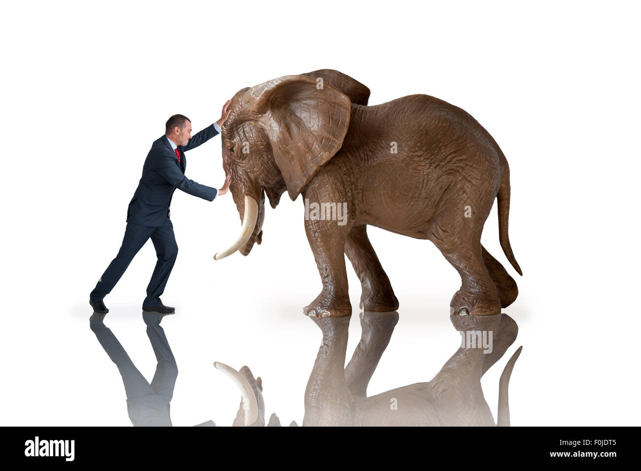 Prova di forza di concetto imprenditore spingendo contro un elefante isolato su uno sfondo bianco Foto Stock