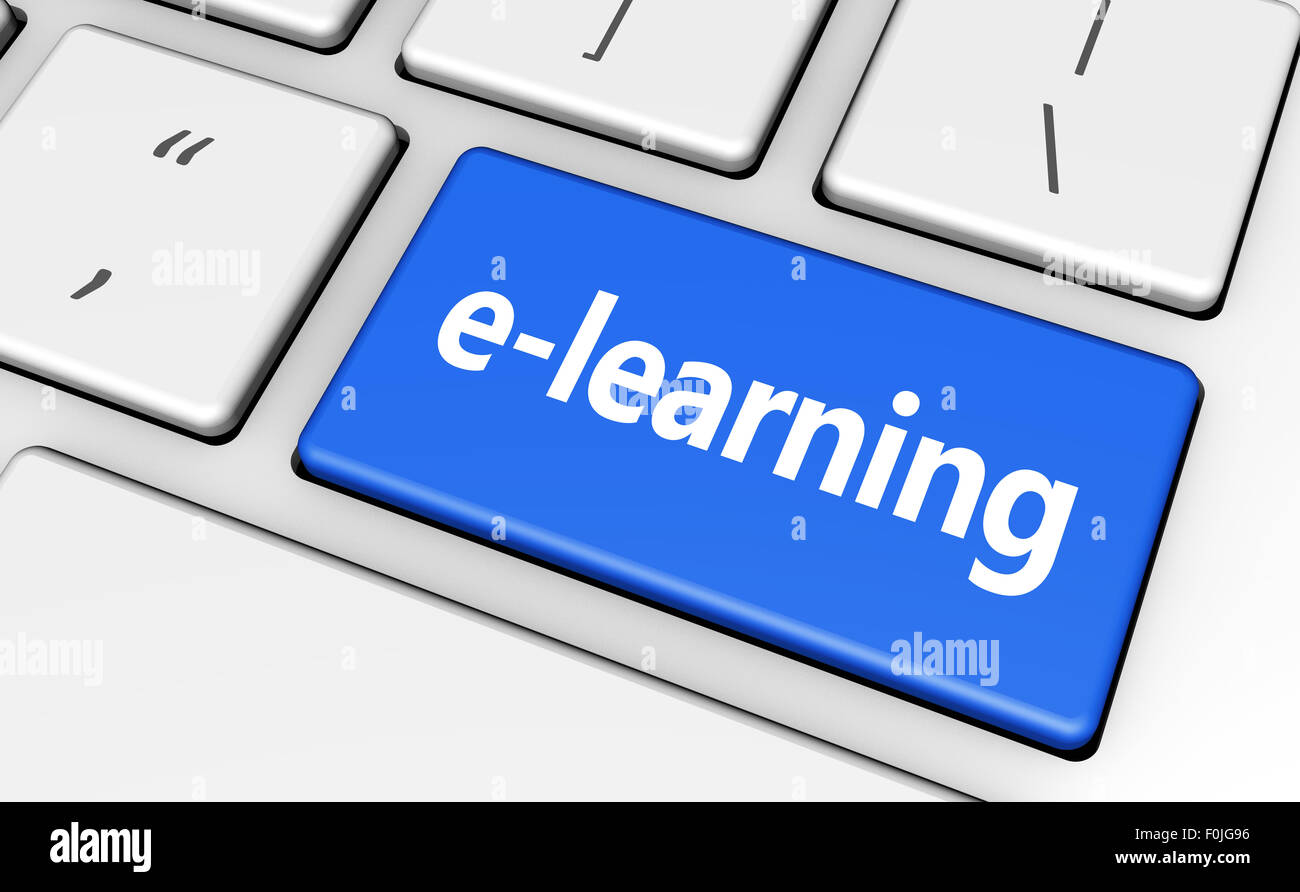 L'E-Learning online il concetto di istruzione con segno e parola su un computer blu chiave per blog, siti web e business online. Foto Stock
