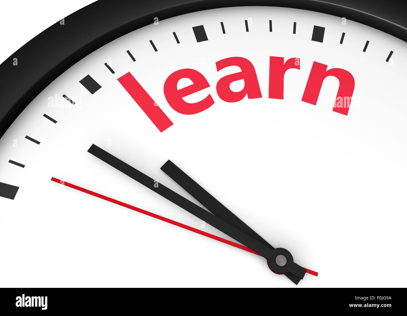L apprendimento e l educazione concetto con un orologio e imparare la parola e segno stampato in rosso 3D render image. Foto Stock
