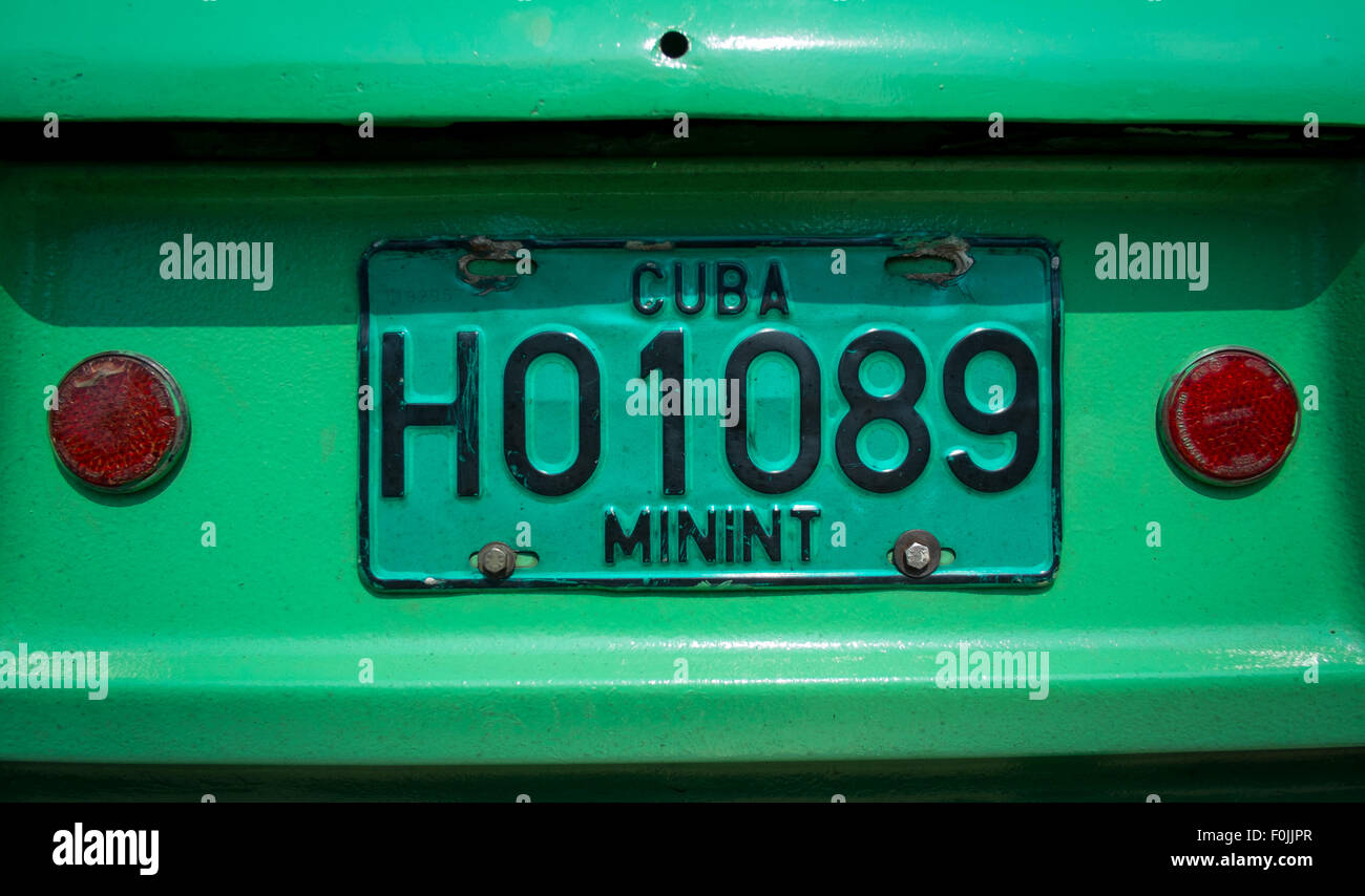 Numero di targa su una vettura di Cuba, La Habana, Cuba Foto Stock