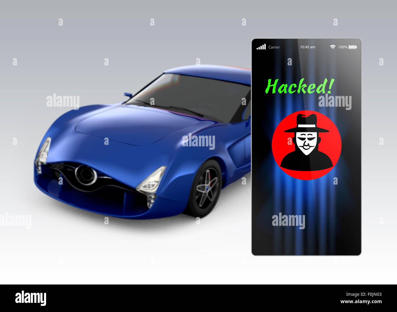 Blu auto sportive con uno smart phone. Vi è l'icona di hacker che mostra nel telefono. Concetto di criminalità informatica. Foto Stock