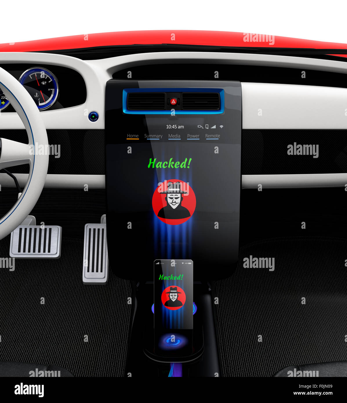 Auto consolle centrale e smart phone display icona di hacker. Concept per il cyber crimine in odierna vita auto. Foto Stock