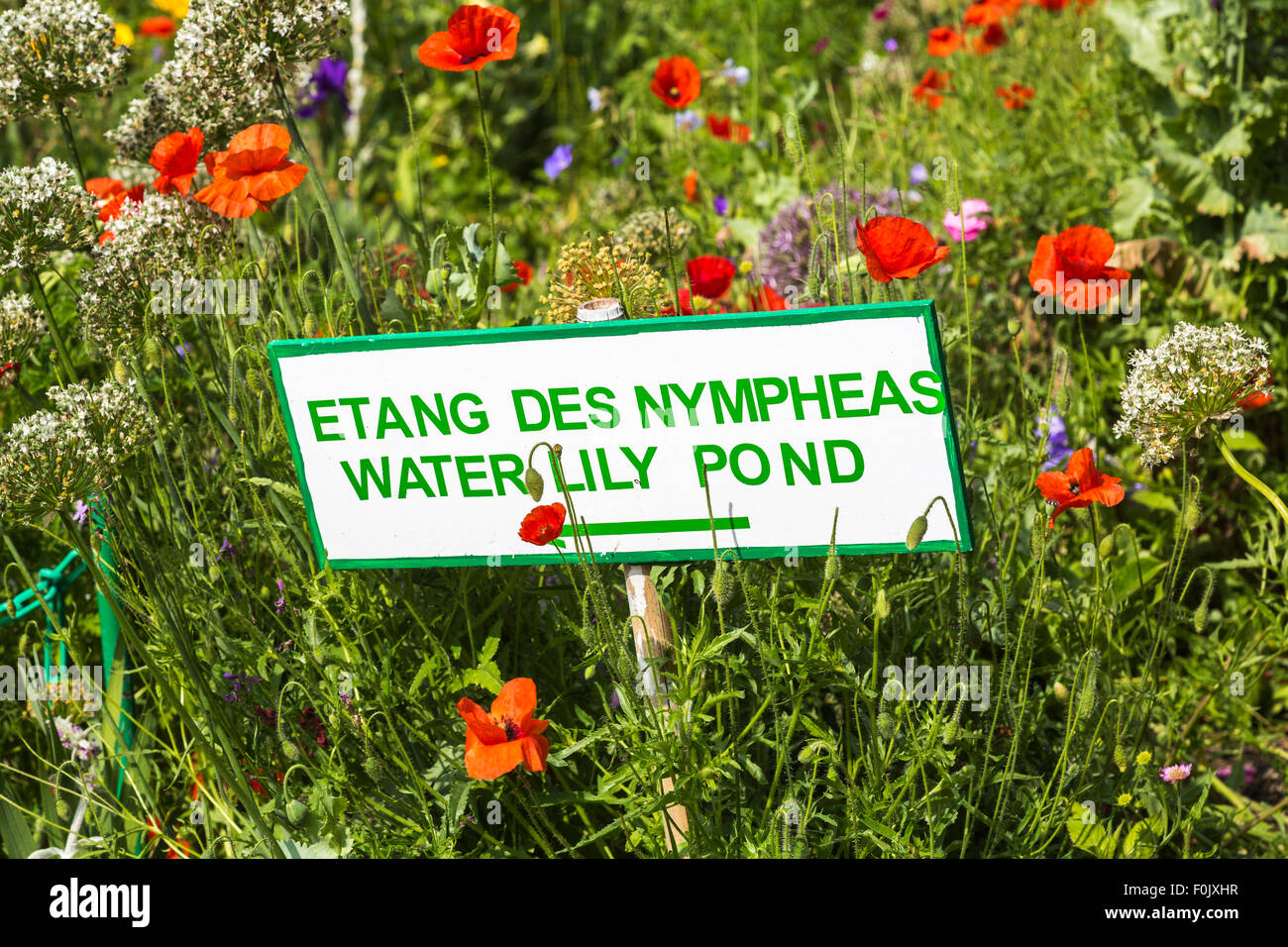 Segno per il laghetto di ninfee in un fiorito confine di papavero, Giverny,  il giardino del francese pittore impressionista Claude Monet, Normandia,  Francia settentrionale Foto stock - Alamy