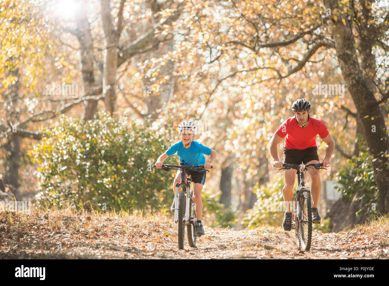 Padre e figlio in mountain bike sul percorso nel bosco Foto Stock